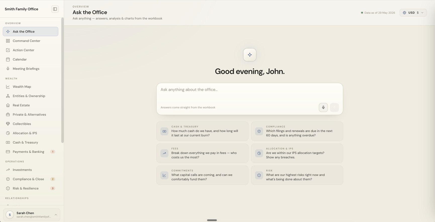 The Circle 26 operating system — the Ask the Office view of the Smith Family Office, with the wealth, operations and relationships navigation and suggested questions across cash, compliance, fees, allocation, commitments and risk.